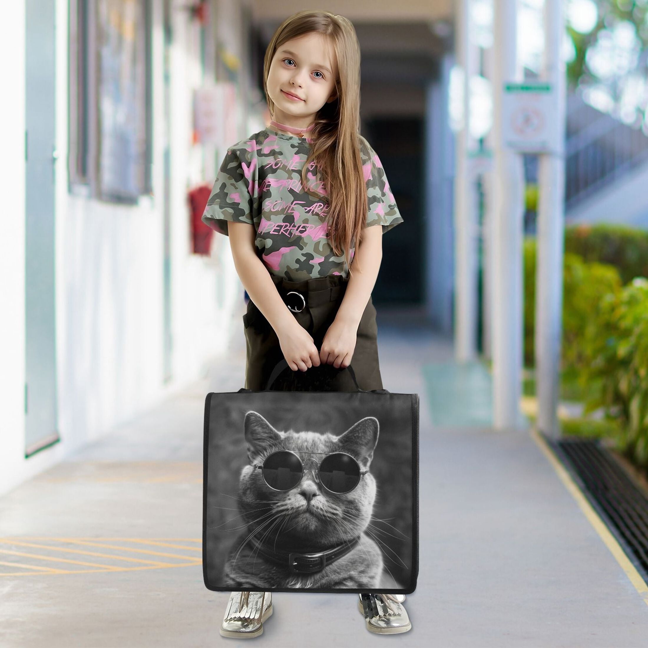 3 Ring Zipper Binder with Shoulder Strap Waterproof Trapper Keeper 1.5 Inch D-Ring 500 Sheets Capacity Cat with Glasses