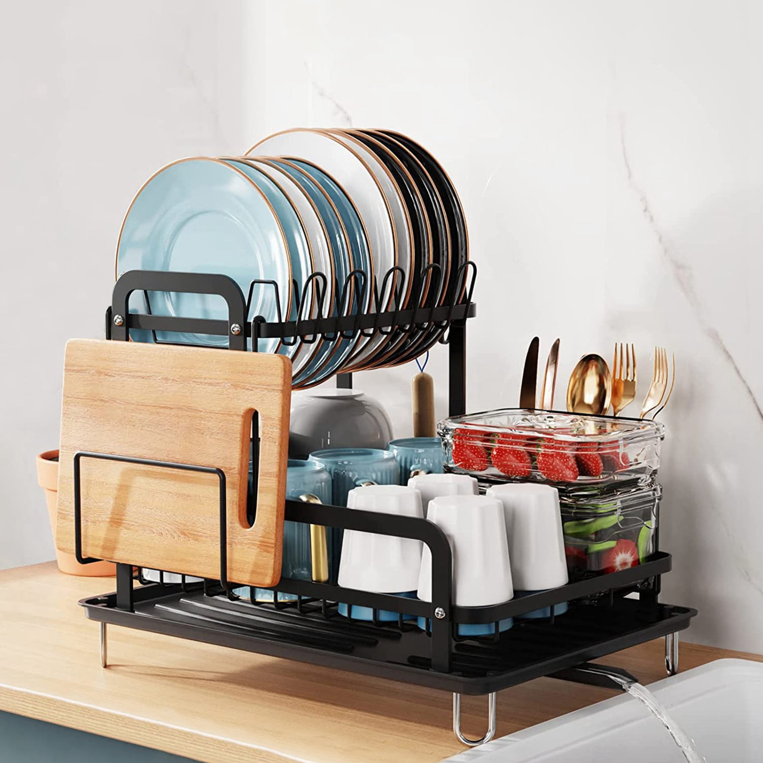 iMounTEK 2 Tier Large Dish Drying Rack Stainless Steel with Drainboard Utensil Cup Holder, Black