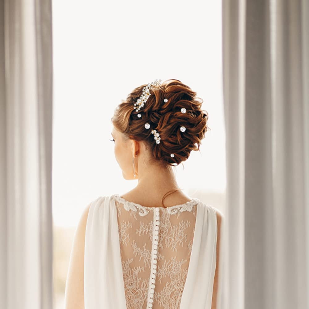 23Pcs Bridal Pearl Gold Hair Clips, STONCEL Wedding Flower Leaf Rhinestone Hair Pins, Bride Hair Combs Accessories U-shaped Hair Barrettes Headpieces for Bridesmaid Party Women Girl