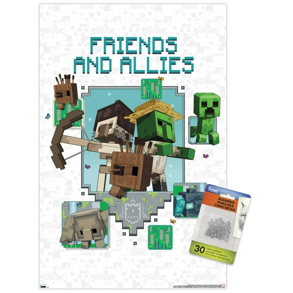 Minecraft: Legends - Friends and Allies Wall Poster with Push Pins, 14.725" x 22.375"