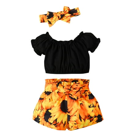 

Follure Toddler Girls Short Sleeve T Shirt Tops Sunflower Prints Shorts Headbands Outfits Baby Band Outfits New Baby Bundle