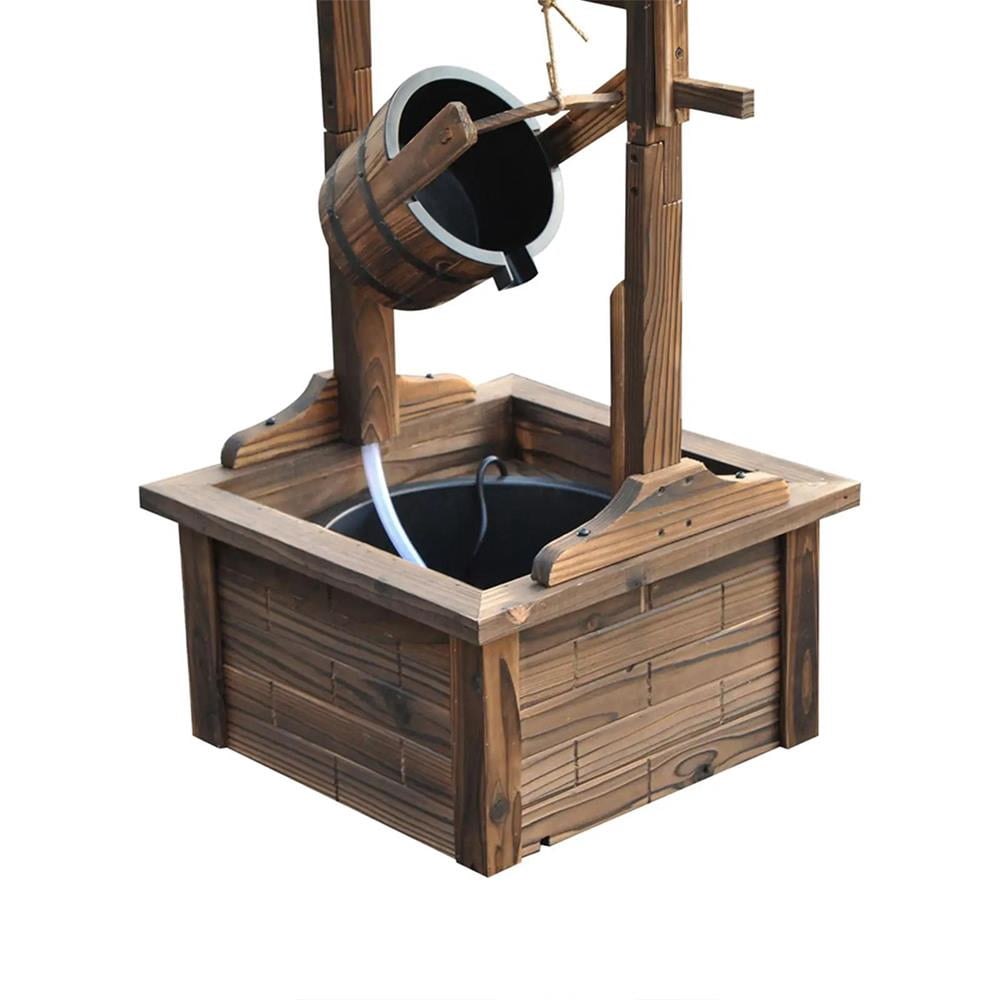 GVN Outdoor Wooden Wishing Well Fountain with Adjustable Water Flow Rate, Outdoor Rustic Waterfall Fountain with Electric Pump, Water Bucket