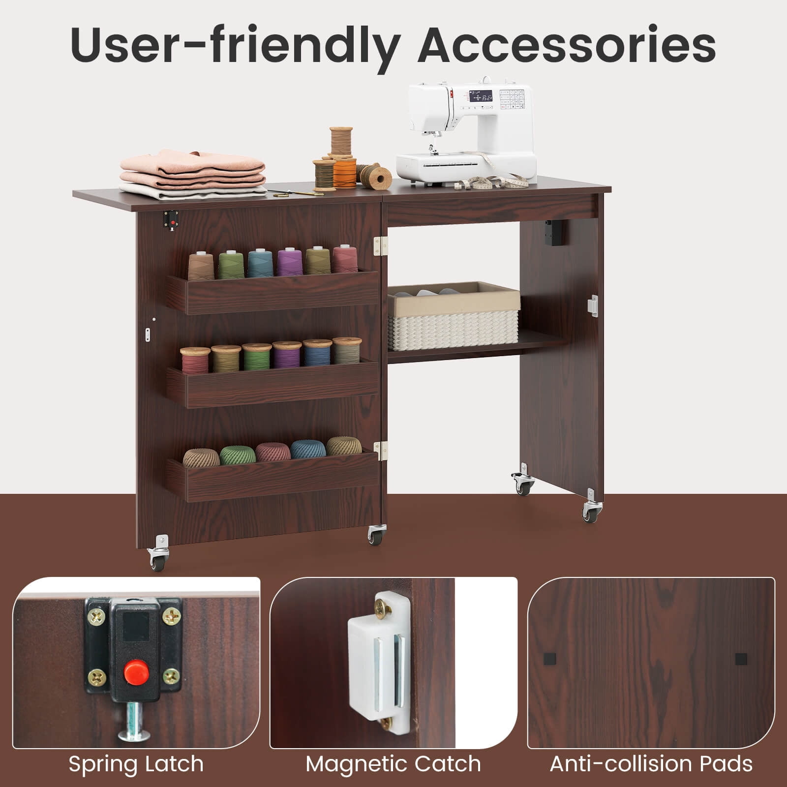 Costway Folding Sewing Table Rolling Craft Station with 3 Storage Bins & Charging Station Brown