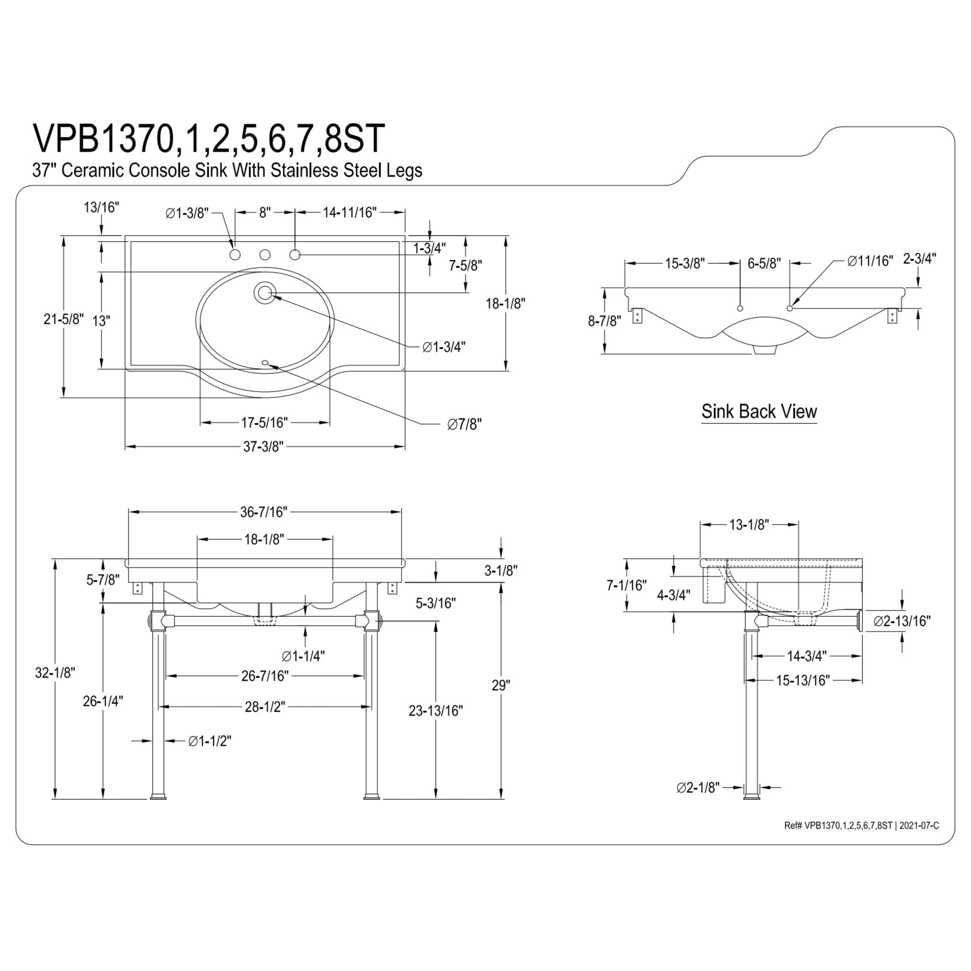 Kingston Brass VPB1375ST Templeton 37" Ceramic Console Sink with Stainless Steel Legs (8-Inch, 3-Hole), White/Oil Rubbed Bronze
