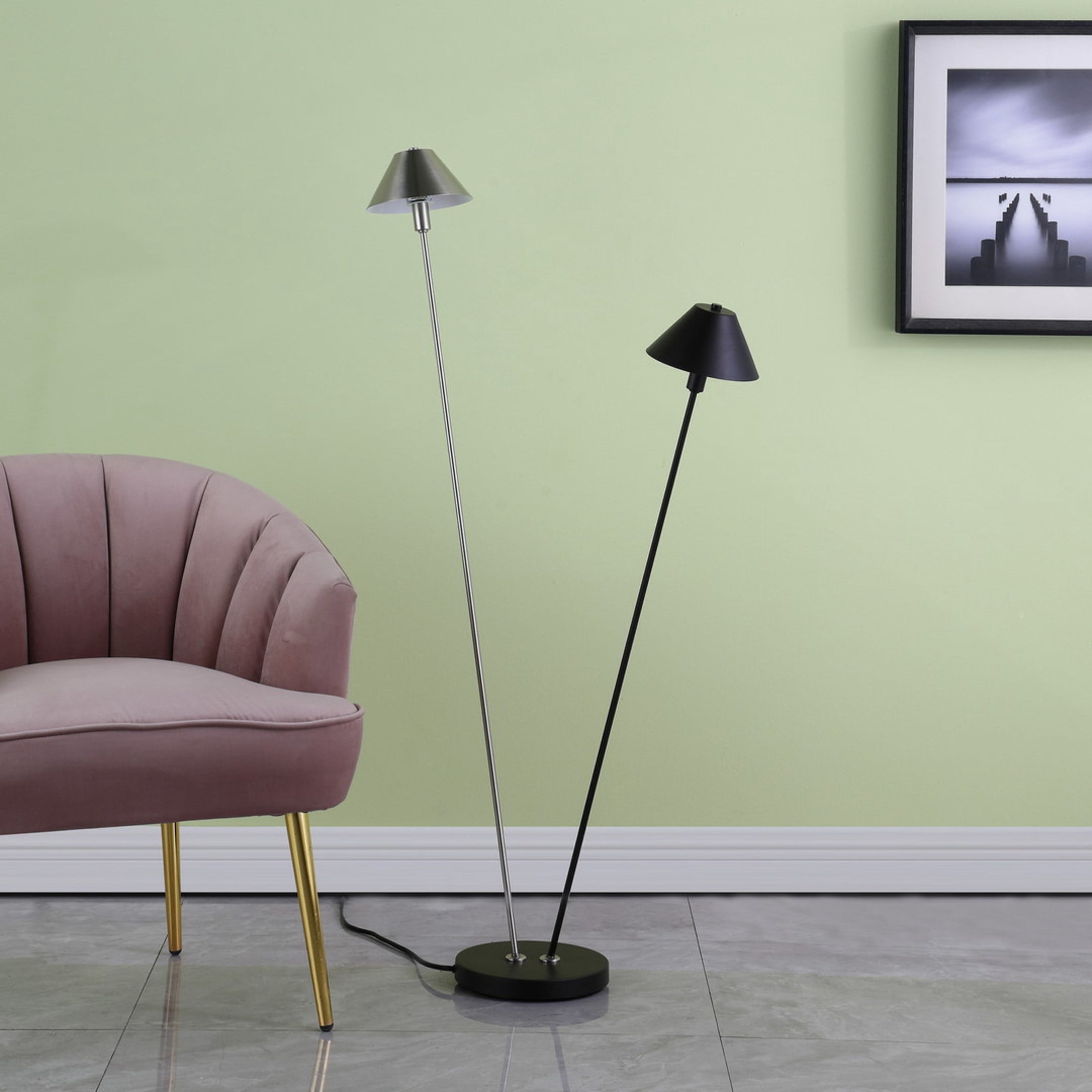 Noble House 47.5" Dual G9 Task Floor Lamp, Brushed Nickel Cones, Step-On Switch, LED Compatible, Black and Silver