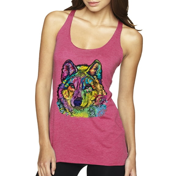 Colorful Majestic Neon Atric Wolf | Dean Russo Art Animal Lover Tri-Blend Racerback Sleeveless Top, Vintage Pink, L