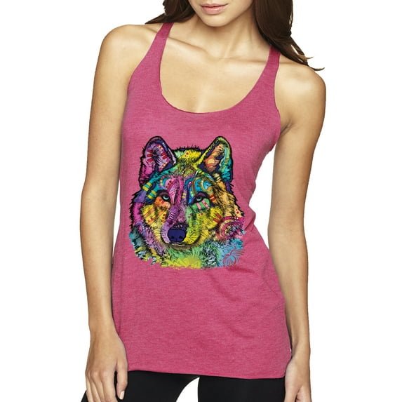 Colorful Majestic Neon Atric Wolf | Dean Russo Art Animal Lover Tri-Blend Racerback Sleeveless Top, Vintage Pink, M