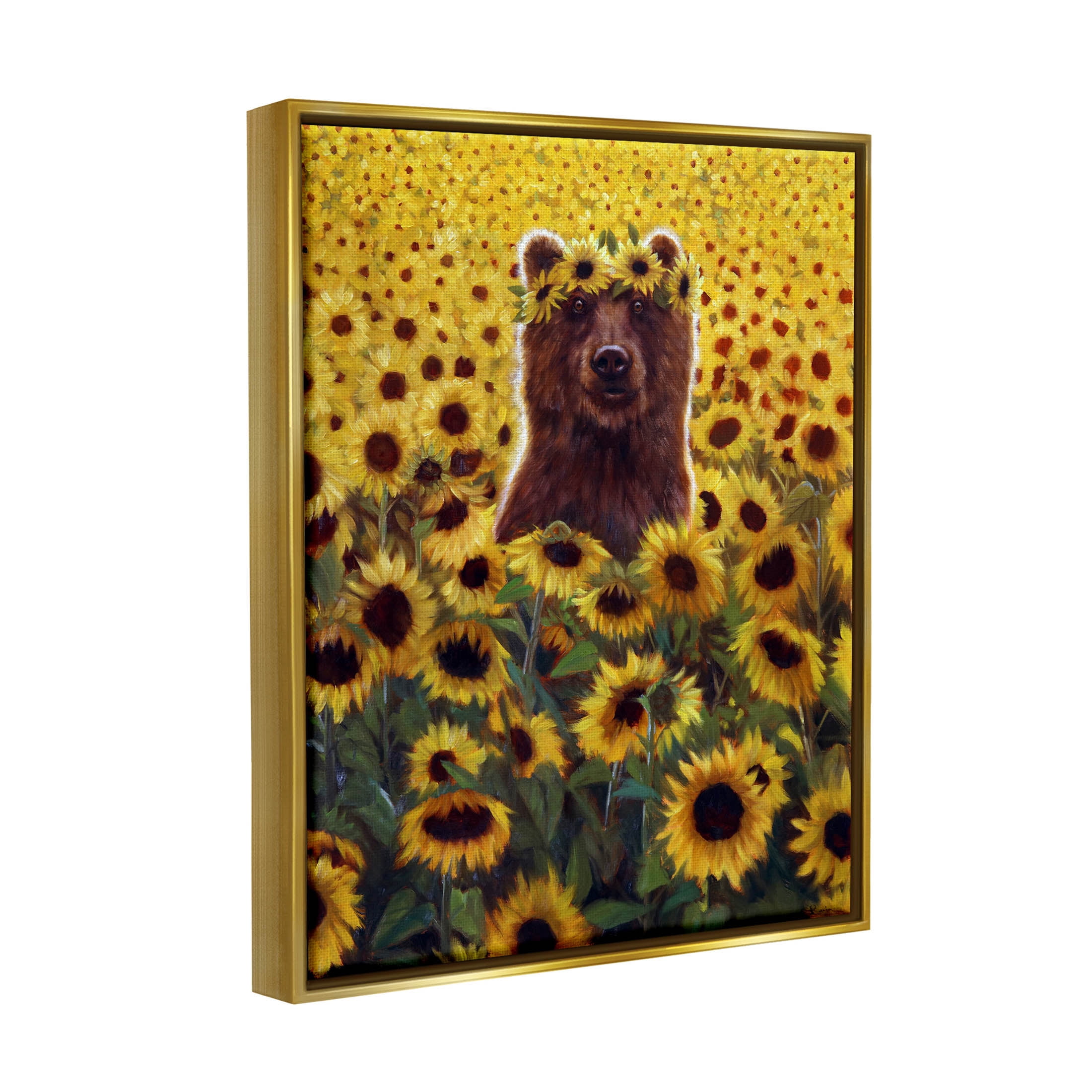 Happy Bear Sunflower Field Animals & Insects Painting Metallic Gold Framed Art Print Wall Art