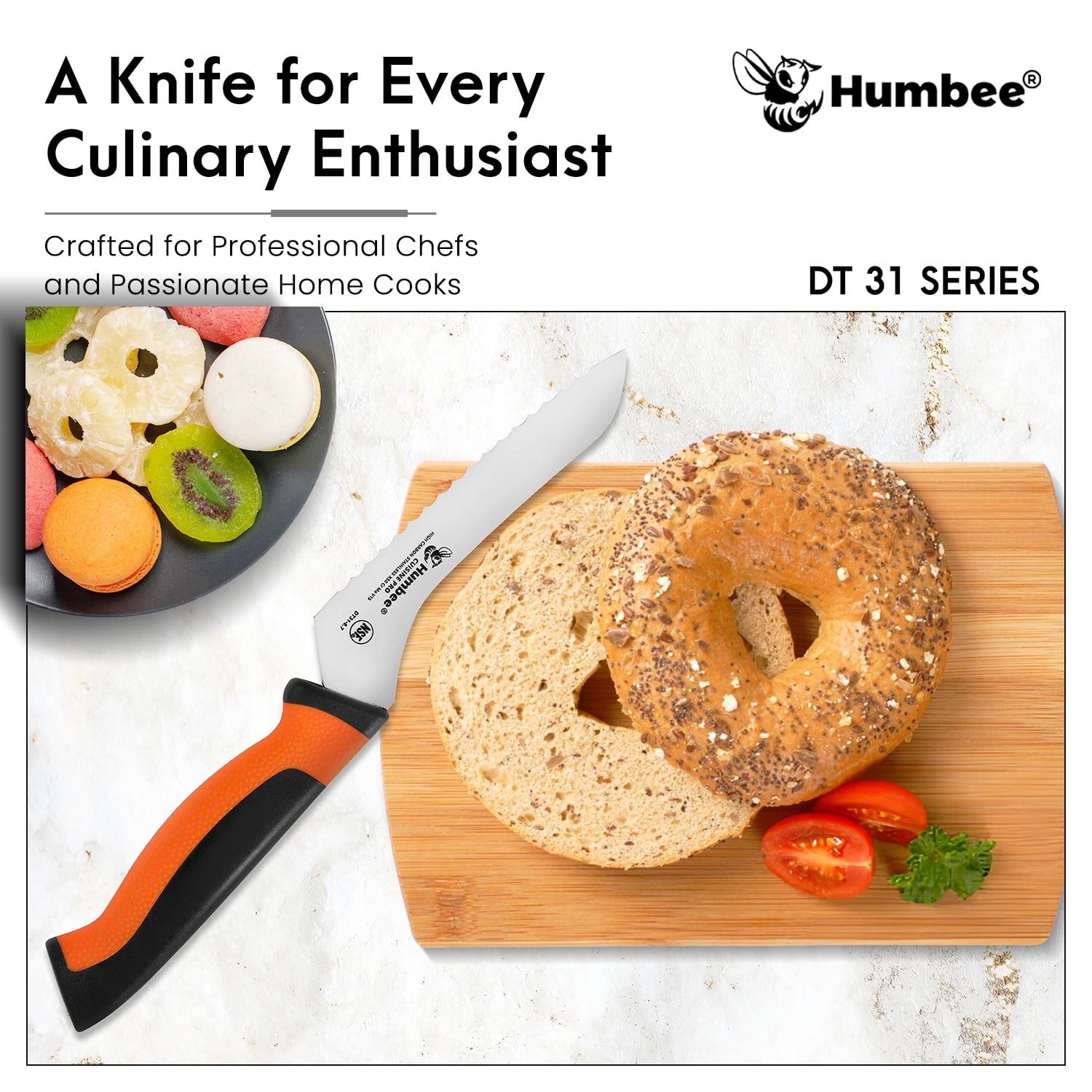 HUMBEE 6-Inch Offset Bread Knife with Width Wave Teeth (Serrated), Orange, DT-31 Series