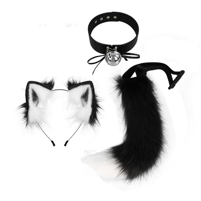 Diadema con Orejas de Felpa y Cola de Animales Yuyangstore Orejas de Gato y Larga Blanco Negro