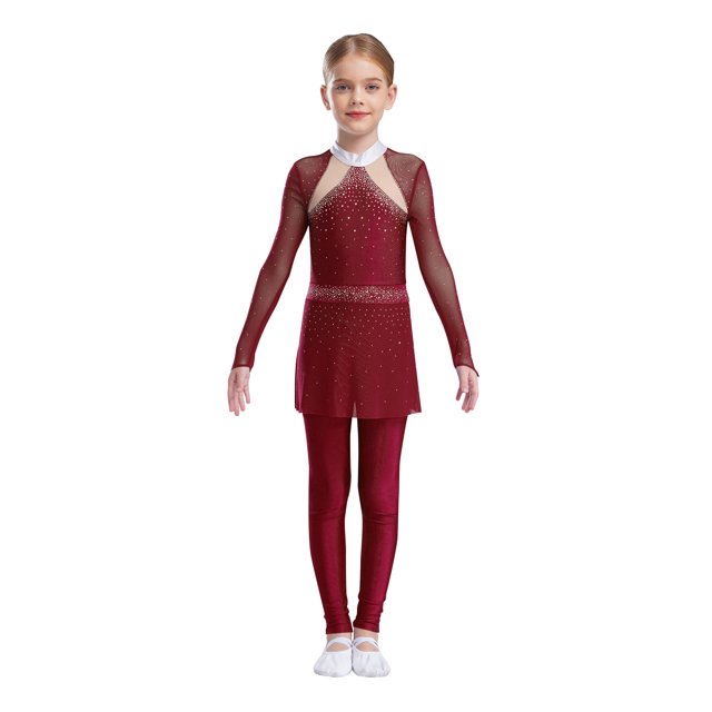 RUNQHUI Enfants Filles Combinaison Intégrale Manches Longues Jupe de Danse Ballet Justaucorps Extensible Gymnastique Chat Bourgogne 12