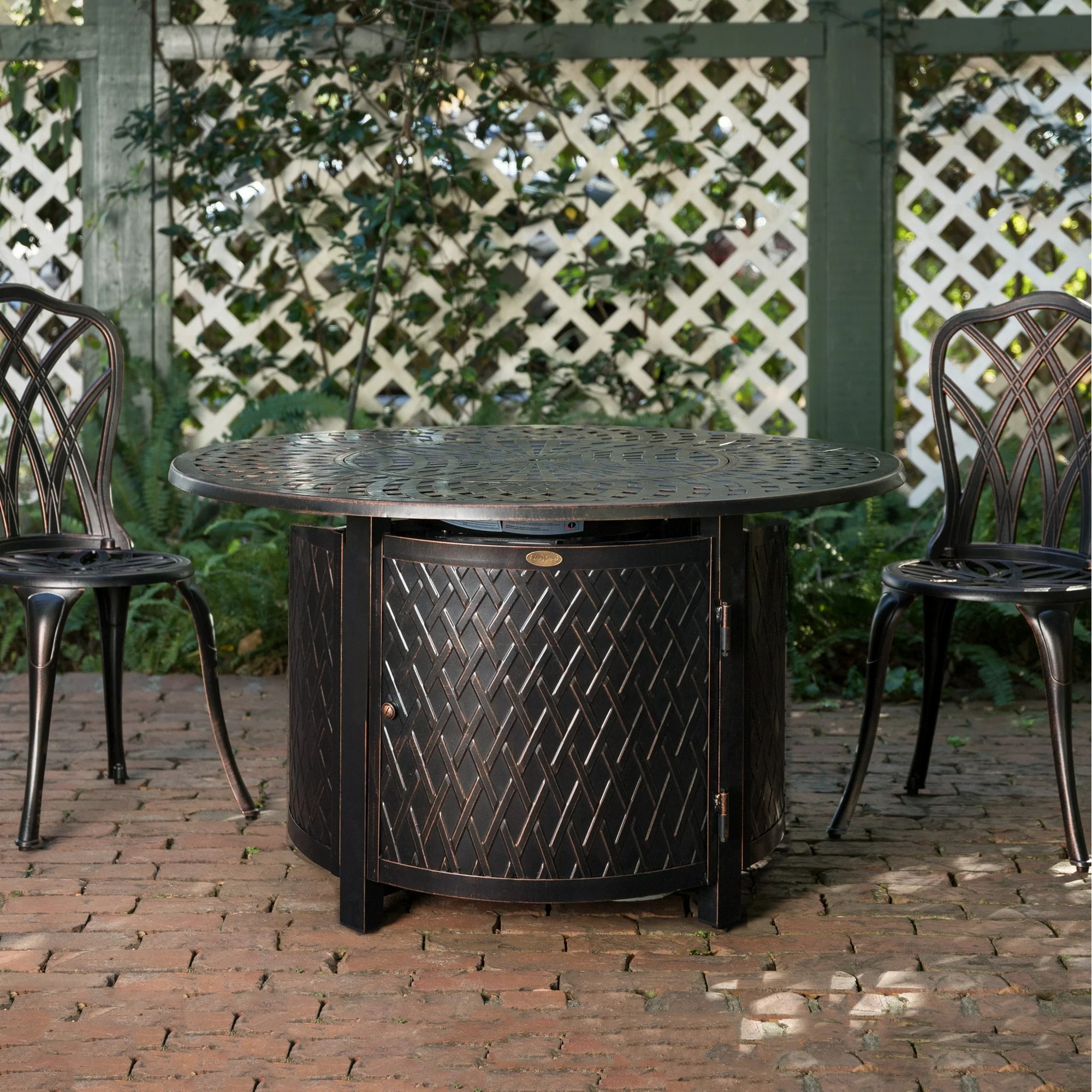 Vulcan Verona Round Woven Aluminum Gas Fire Pit with Nylon Cover & Clear Fire Glass – Bronze Finish, 44"