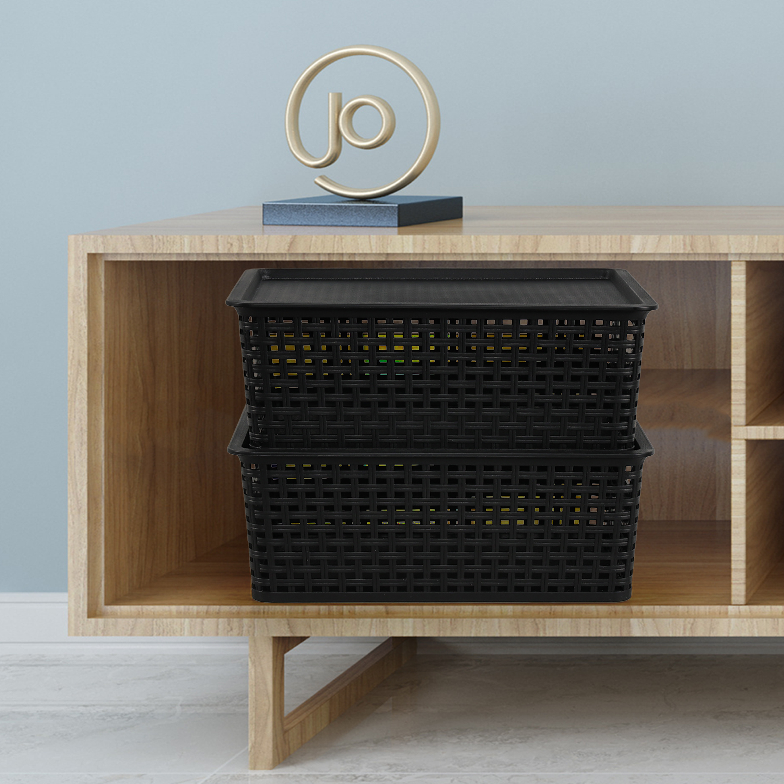 Idotry 6 Pack Large Stackable Storage Baskets with Lids, Plastic Lidded Storage Basket Bins for Shelves Closet Bathroom, 13.86"x 11.42"x 5.24", Black
