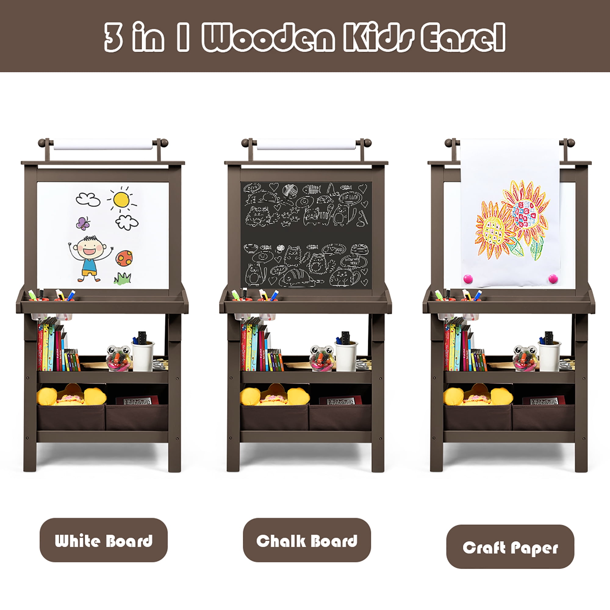 Costway 3 in 1 Double-Sided Wooden Kid's Art Easel Whiteboard Coffee