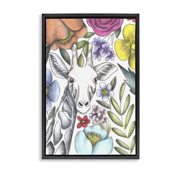 Giraffe In The Midst of Flowers Black Framed Floater Canvas Wall Art, design by Cecilia Battaini