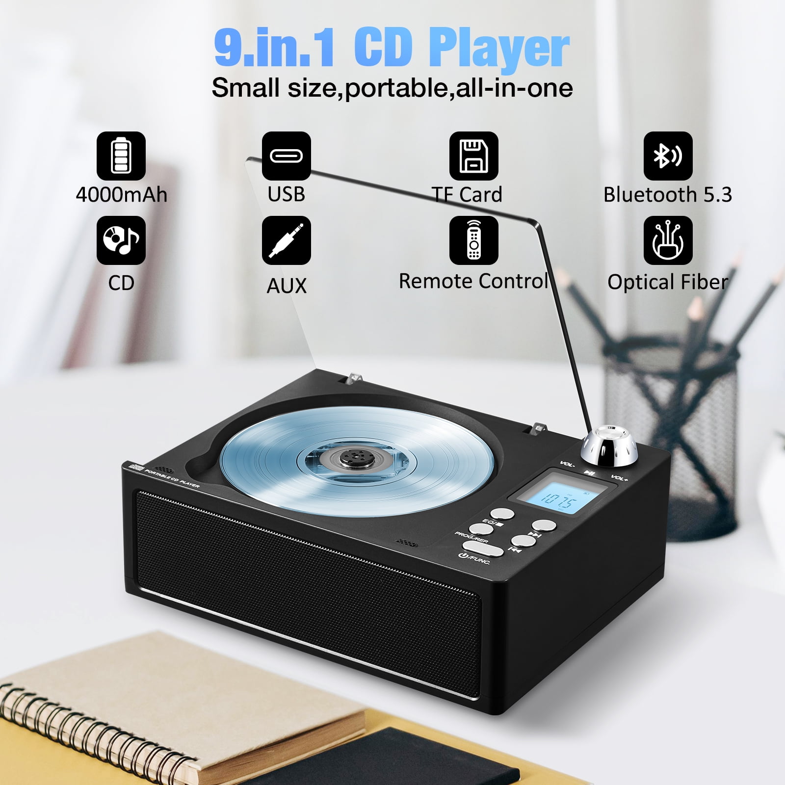 Portable CD Player with Bluetooth,Rechargeable CD Player with Speakers, FM Radio,Remote Control,Supports USB, TF, AUX.