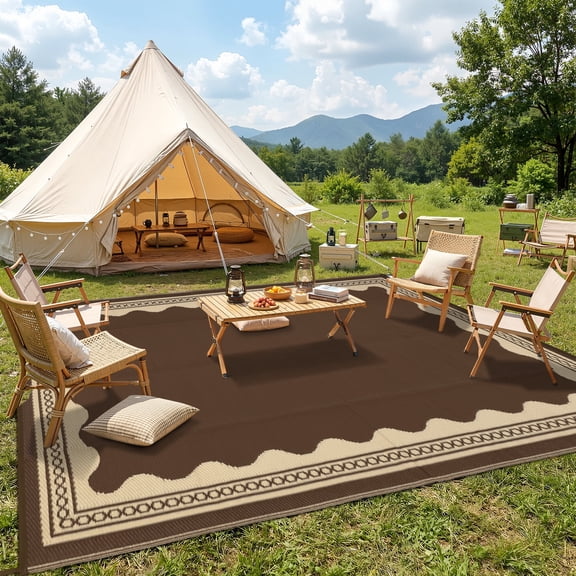 Garvee Outdoor Rug 8x10ft Modern Bordered Reversible Plastic Straw Rug, Waterproof RV Camping Rug Foldable Patio Rug for Deck Porch Balcony Backyard Picnic Beach, Brown