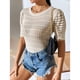 thumbnail image 5 of Blusa ahuecada de punto Cuello redondo Manga corta abullonada Ajuste casual Blusa ahuecada de color puro Albaricoque L, 5 of 8