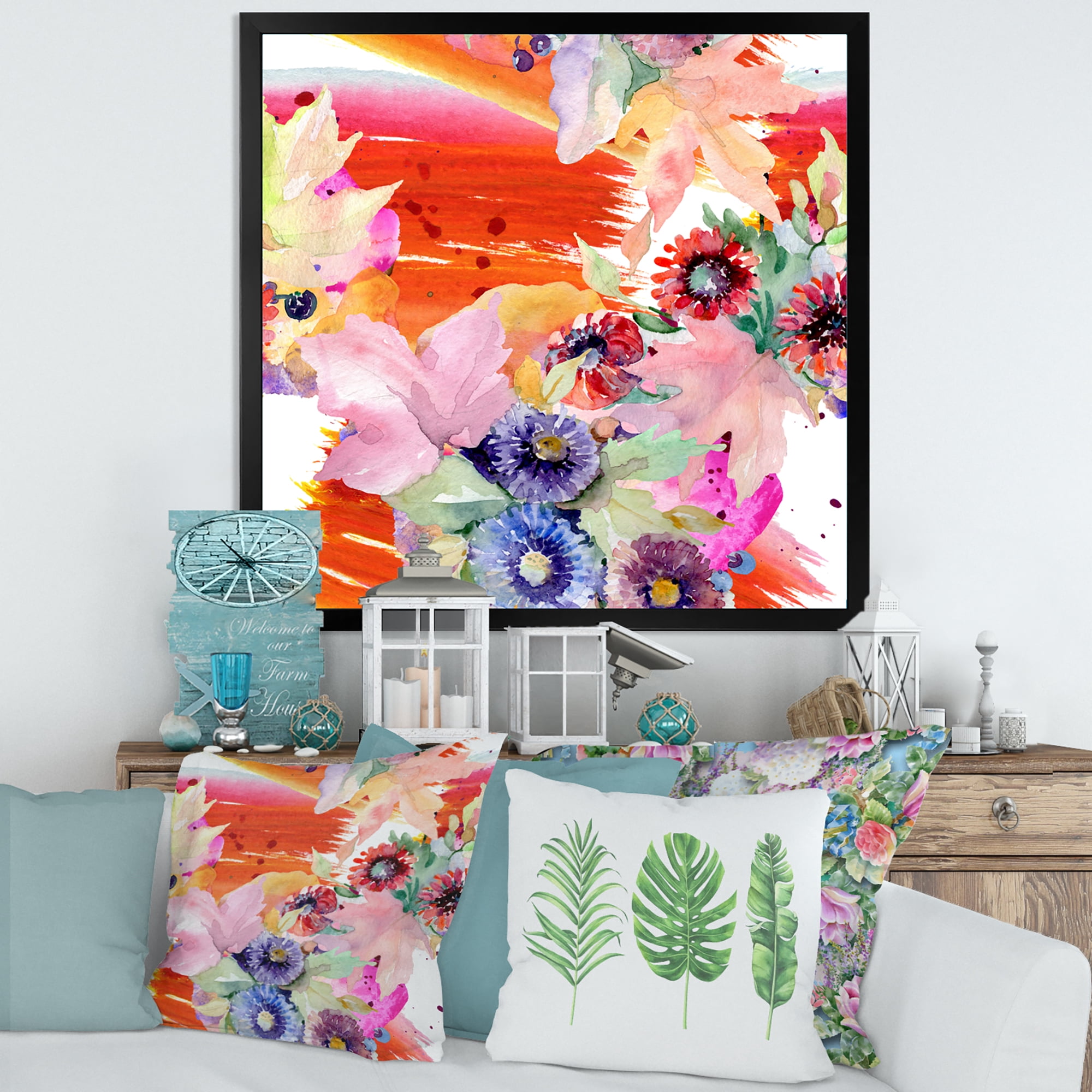 Wildflowers and Vibrant Wild Spring Leaves VII 36 in x 36 in Framed Painting Canvas Art Print, by Designart