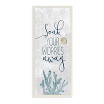 Stupell Industries Soak Your Worries Away Phrase Blue Coral Bathroom Shell, 7 x 17, Designed by Kim Allen
