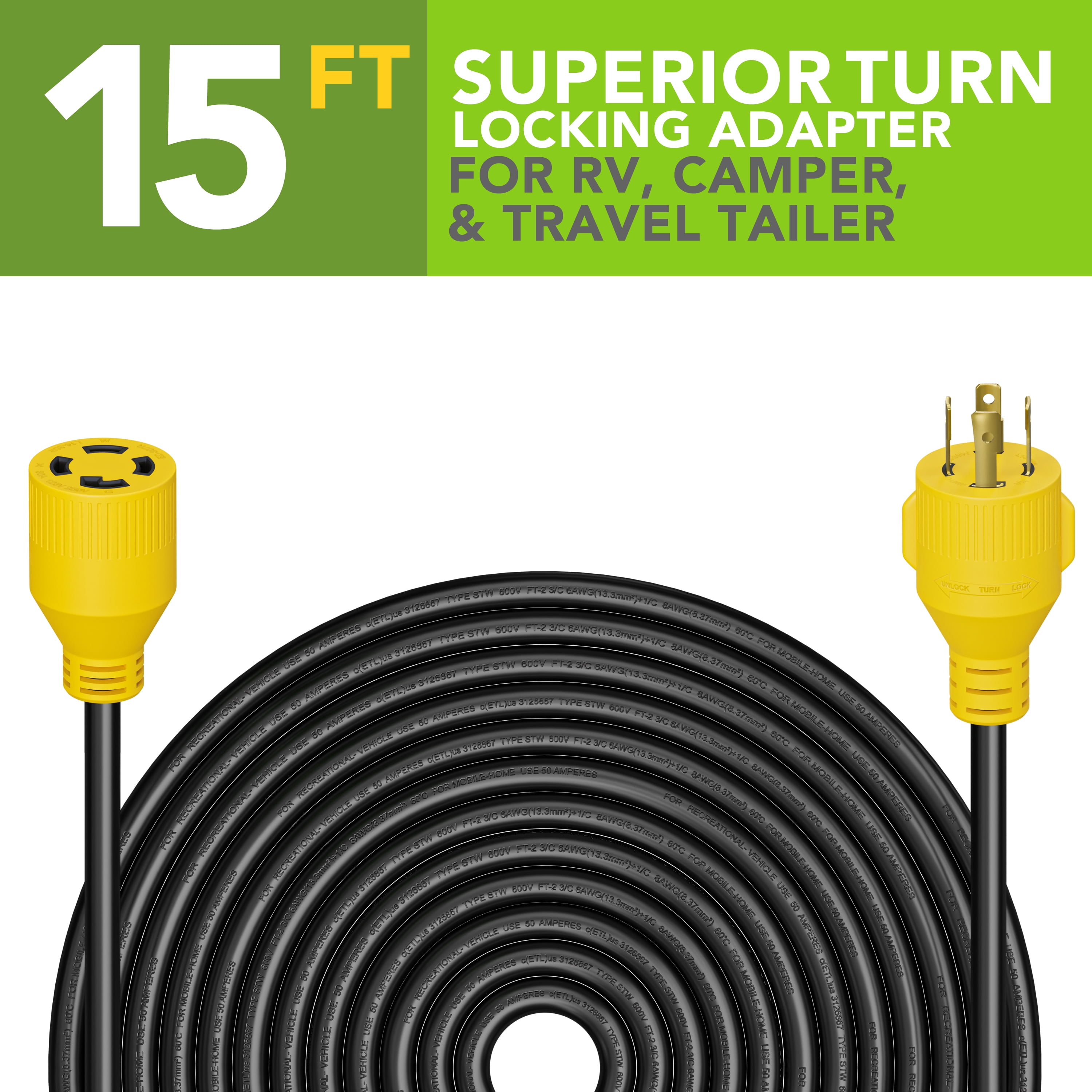 Leisure Cords 15' Cord Power Cable, Black with Yellow Ends