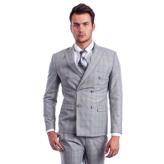 Men's Sean Alexander Suits Light Grey Glen Plaid Double Breasted Suit Slim Fit 48 Regular