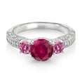 thumbnail image 2 of Gem Stone King 925 Sterling Silver Red Created Ruby Pink Moissanite and White Moissanite Engagement Ring for Women (2.09 Cttw, Gemstone July Birthstone, Round 7MM and 4MM, Size 8), 2 of 3