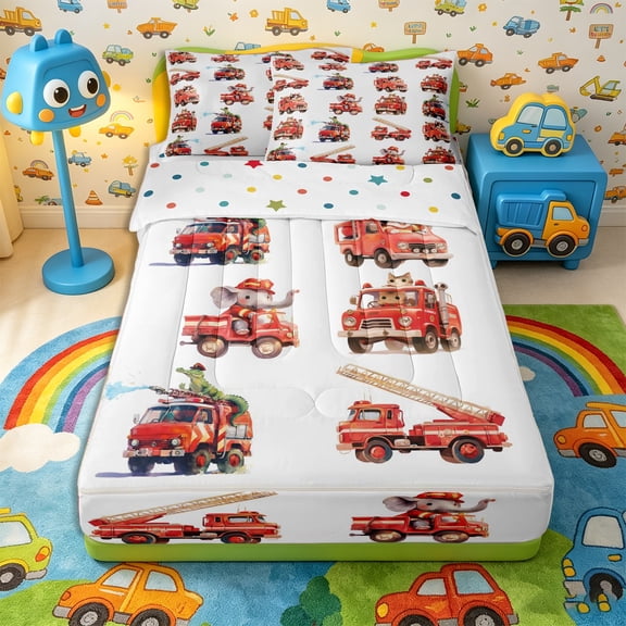 Castle Fairy Watercolor Fire Truck Zipper Twin Comforter Sets with Fitted Sheet and 2 Pillowcases,Animal Driver Print Zipper Bedding Set,Red White,4-Piece,Reversible