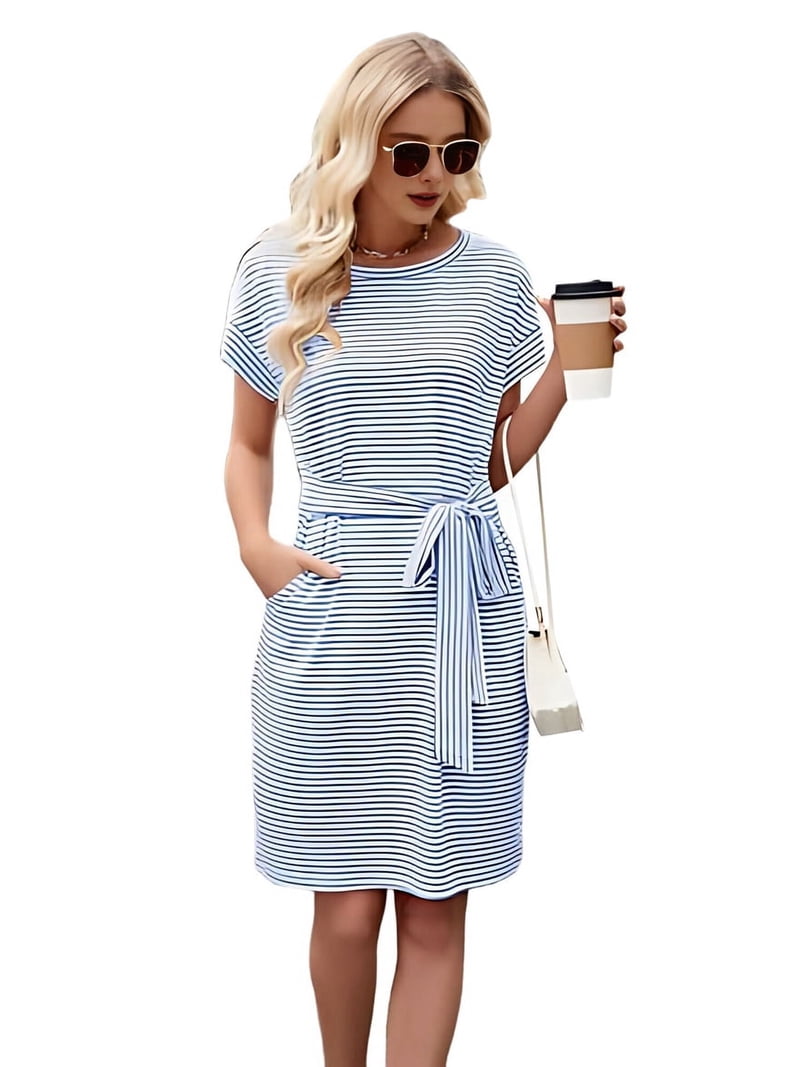 striped short sleeve t shirt dress 100% Cotton White Stripe Mini T-Shirt Dress - All Dresses