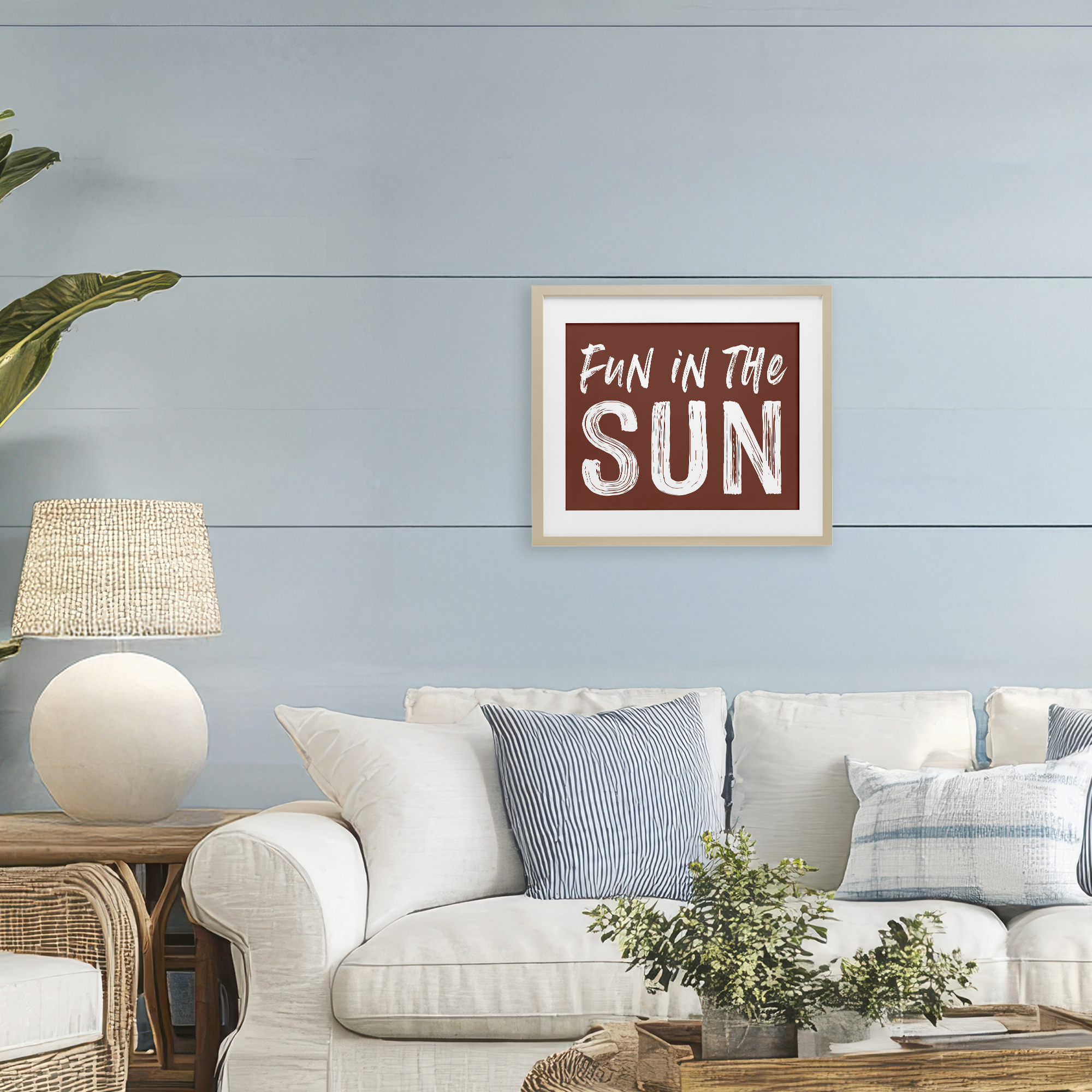 Fun In Sun Brown Sentiment Birch Framed Print Under Glass, design by Lettered and Lined