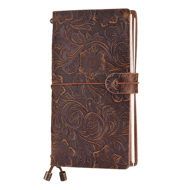 Vintage Full Grain Leather Refillable Travel Journal Notebook Diary Embossed Flower Pattern Daily Notepad Cover with Elastic Strap for Men & Women Gift