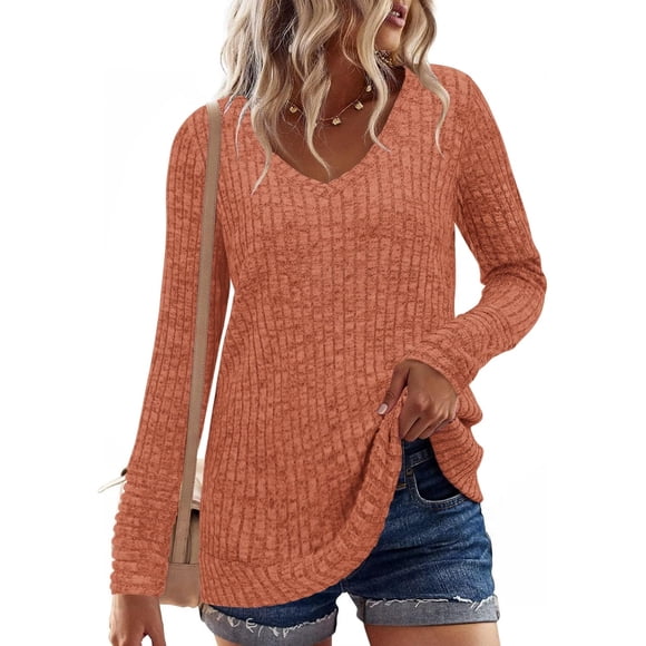 MISFAY Sweaters for Women Casual Long Sleeve V Neck Shirts Solid Color Tunic Tops for Leggings
