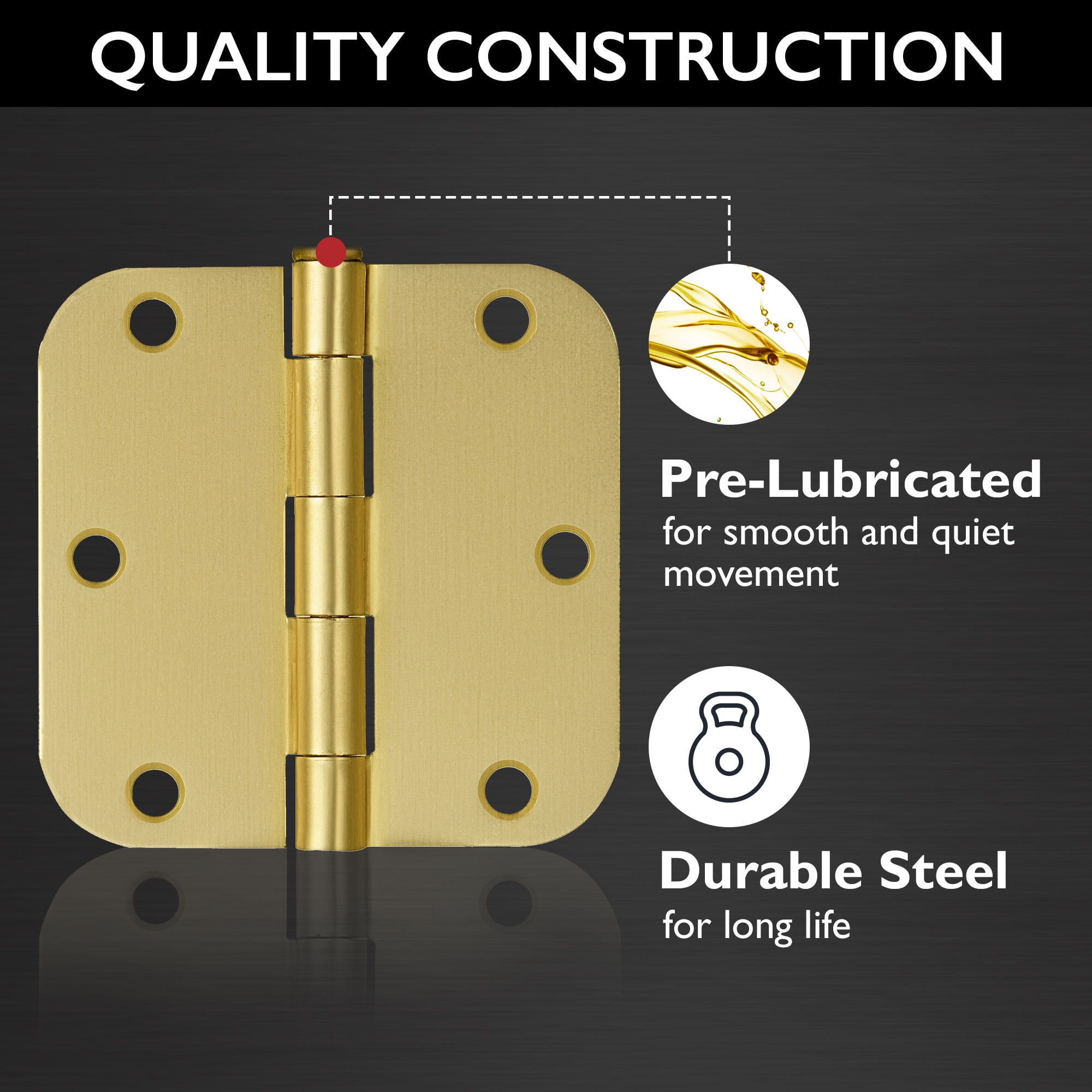 Satin Brass Steel Plain Bearing Door Hinge with Removable Pin, 3-1/2 x 3-1/2 in. 5/8 in. Radius, 2-Pack