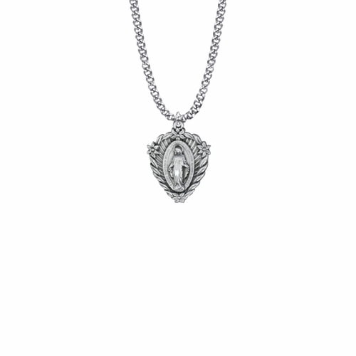 Singer Women's 15/16 Inch Sterling Silver Heart and Flowers Miraculous Medal with Stainless Steel Rhodium Plated 18" Chain, Style Miraculous