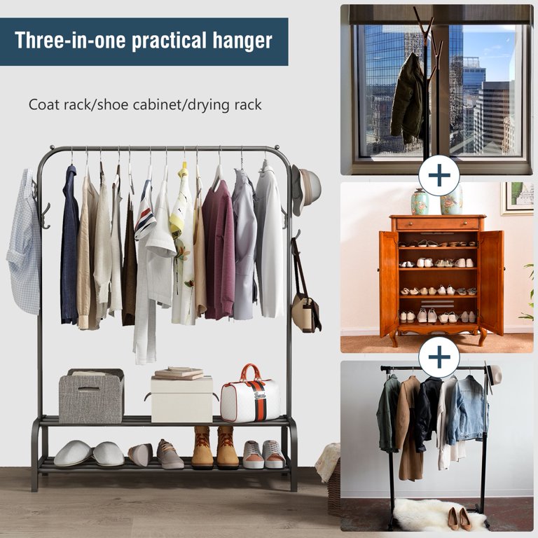 Clothes Rack, Clothing Rack for Hanging Clothes, Garment Rack W/6 Hooks &  2-Tier Storage Shelf, Single Rail Clothes Rack Stand, Free Standing Black