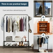 Clothes Rack, Clothing Rack for Hanging Clothes, Garment Rack W/6 Hooks & 2-Tier Storage Shelf, Single Rail Clothes Rack Stand, Free Standing Black Garment Rack