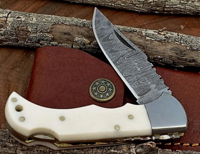 Poshland Damascus Steel Folding Pocket Knife - Handmade, Compact for Camping & Hunting