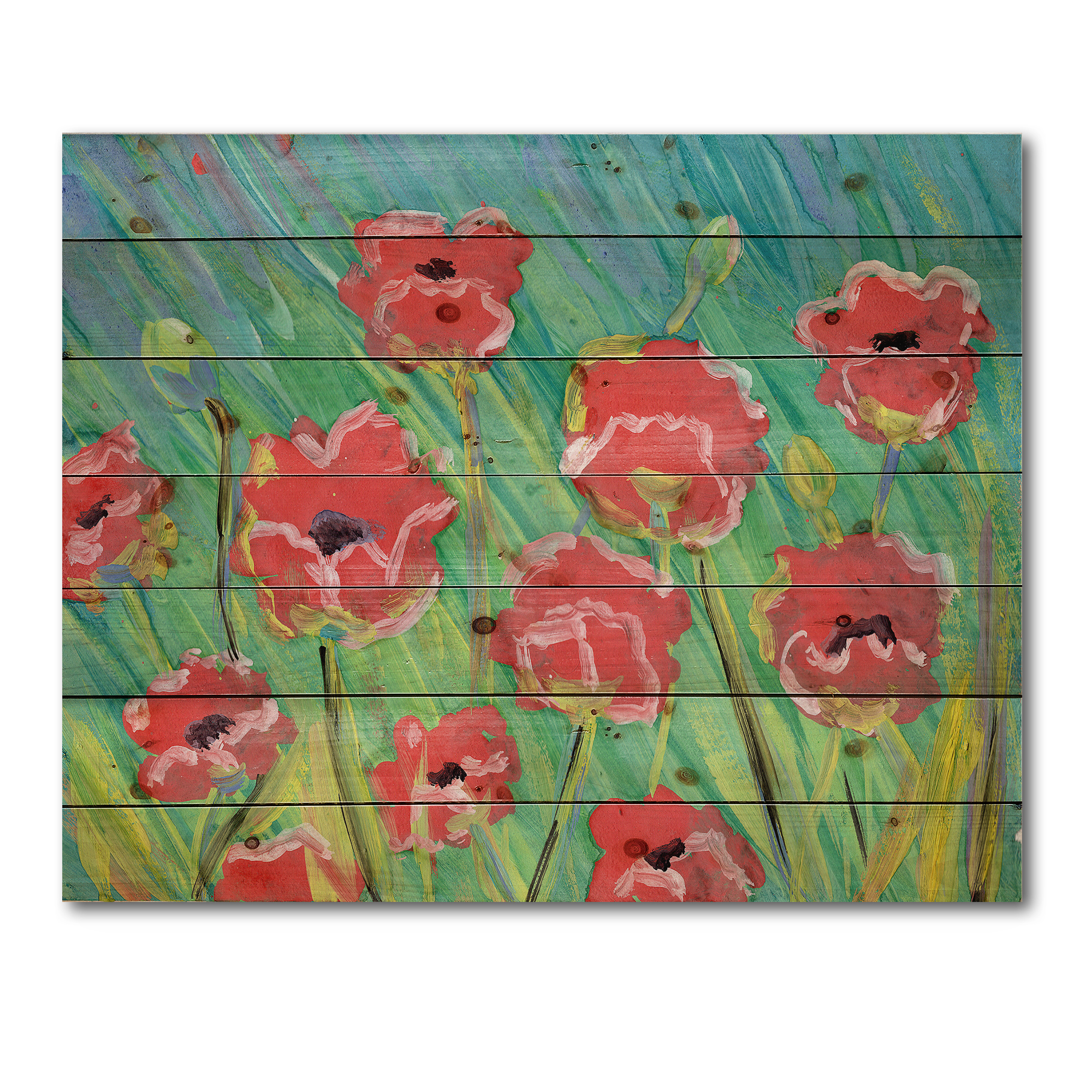 Designart 'Gouache Of Blooming Red Poppies' Traditional Print on Natural Pine Wood