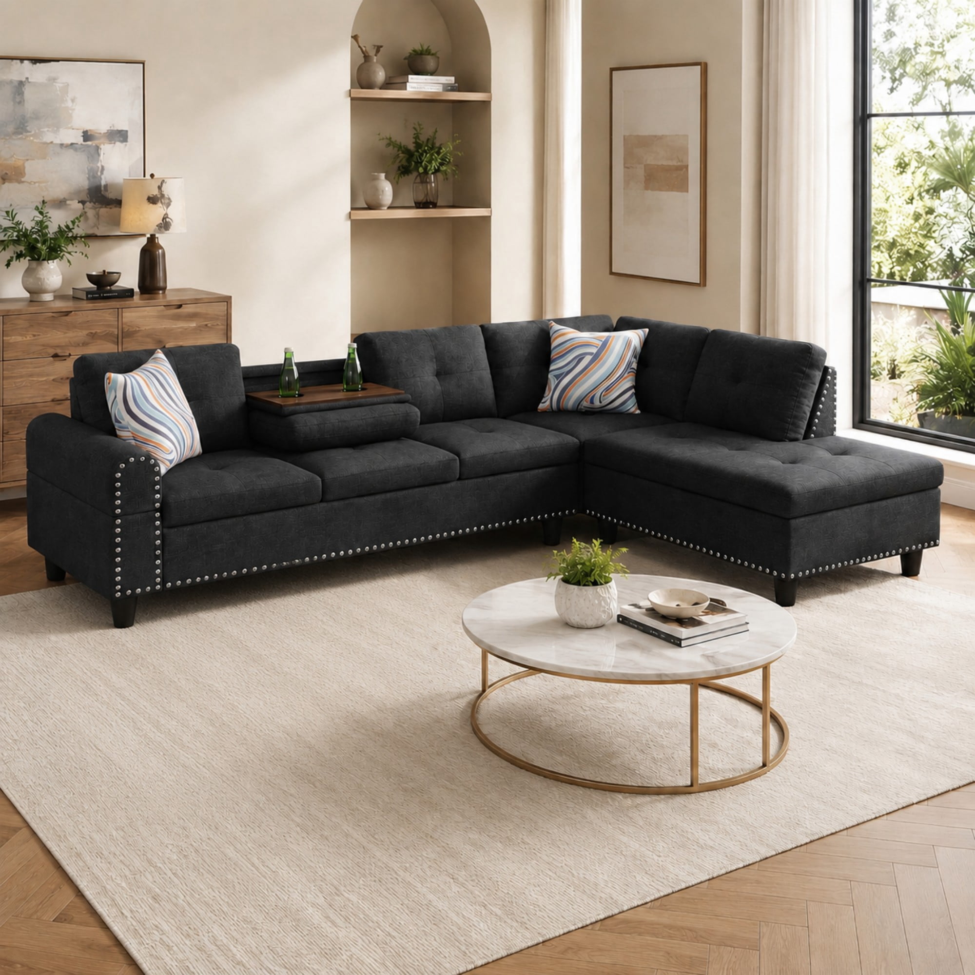 Momspeace 98" L-Shaped Sectional Sofa, Oversized 6 Seater Sofa with Cup Holder, Linen, Black