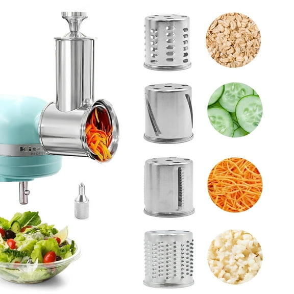 Stainless Steel Slicer Shredder for KitchenAid Mixer Attachment Vegetable & Cheese Grater Attachment with 4 Blades (Fine, Medium, Coarse, Slicer), with Knob, Dishwasher Safe, Durability