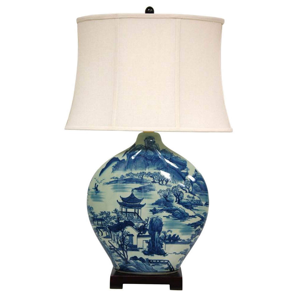 Oriental Furniture 32" Blue and White Ming Landscape Vase Lamp, table
