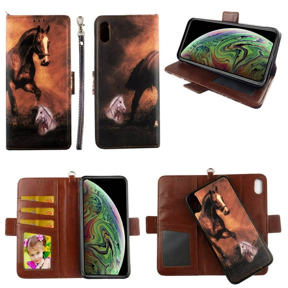 Brown Horse Case for iPhone XS Max Magnetic Detachable Pu Leather Wallet Cover with Flap Closure and Snap-on Book Style Cases with Card Holders Wrist Strap 2 in 1 Folio Flip Covers