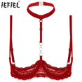 thumbnail image 2 of Lencería para mujer, sujetador de copa abierta con pecho, encaje Floral transparente, con aros, sujetadores sexis sin forro, Tops, ropa interior con cuello Halter y pecho descubierto, 2 of 5