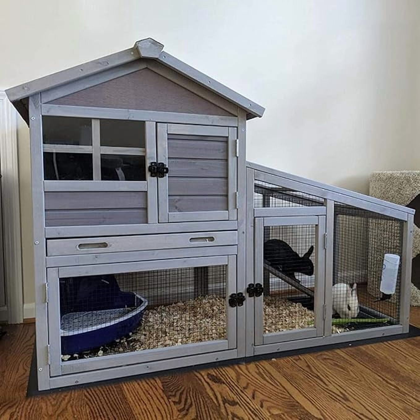 MEDEHOO Wooden Rabbit Hutch - Outdoor/Indoor Bunny Cage with Run, Pull-Out Upper Tray, 51.6"L x 25.2"W x 36.2"H, Grey