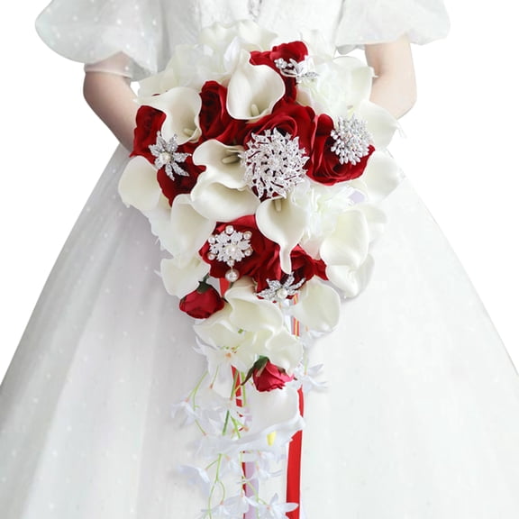 Bridal Calla Lily Bouquet with Roses, Pearl & Rhinestone Wedding Flowers, Bride Holding Bouquet for Proposal, Anniversary, Church, Elegant Decor