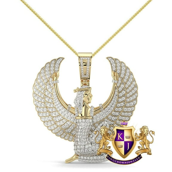 Real Genuine 6.50 Cwt. VVS/1 MOISSANITE Diamond Ancient Egyptian Sky Goddess of Magic Winged Isis Pharaoh Pendant 10K Gold Over Charm Chain