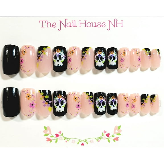 Bougie Sugar Skull Glossy Medium Square Press On Nails - 24 Pieces - Artificial Nail Kit - Halloween Nails