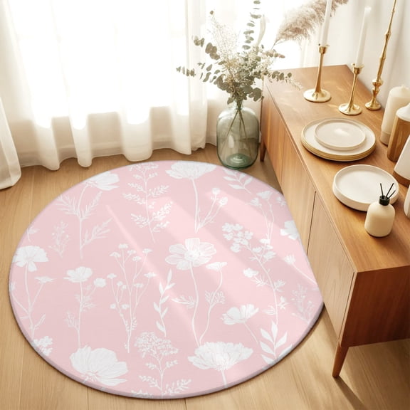 Pink Wildflowers Round Area Rug 4 FT, Non Slip Indoor Outdoor Rug, Farmhouse Floral Botanical Leaves Washable Soft Circular Carpet Non-Shedding Floor Mat for Coffee Table Nursery Foyer Balcony
