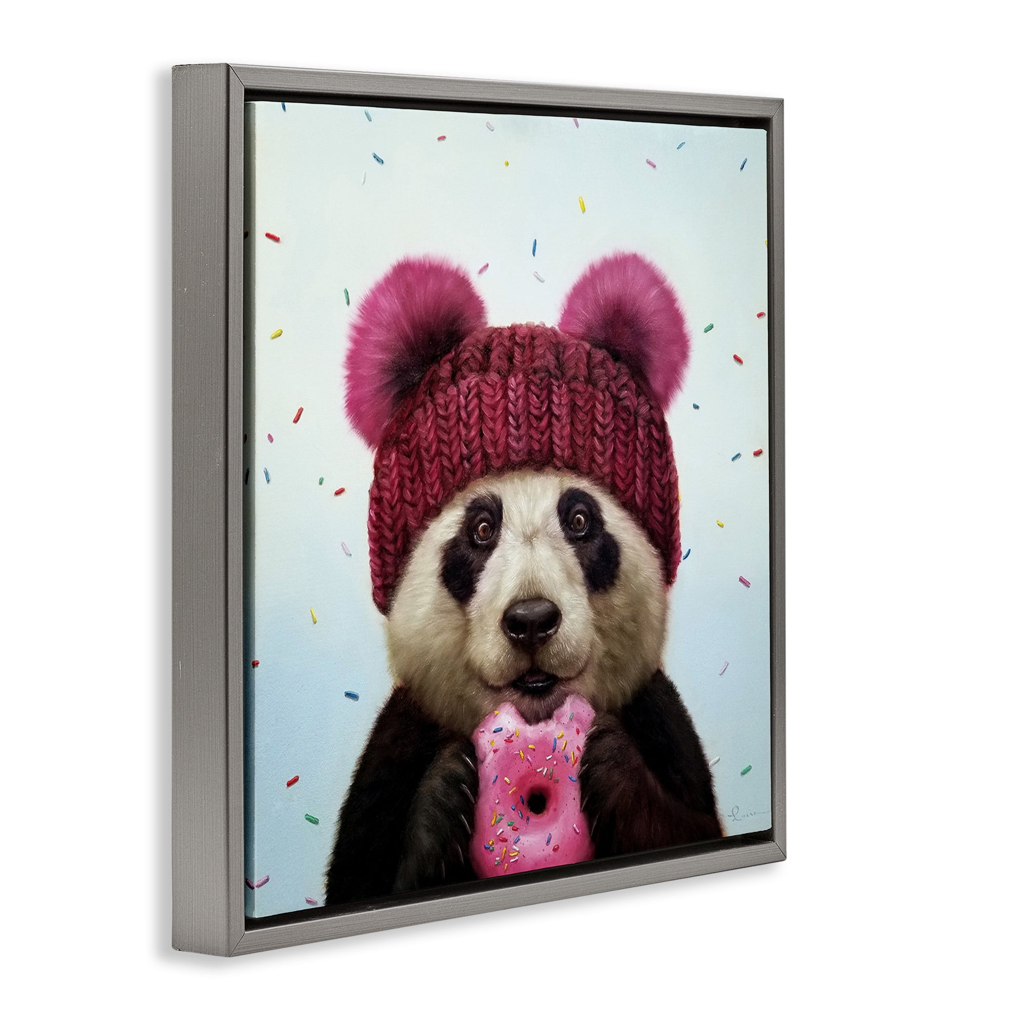 Stupell Industries Happy Panda Bear with Donut Animals & Insects Painting Gray Floater Framed Canvas Art Print Wall Art, 25 x 25