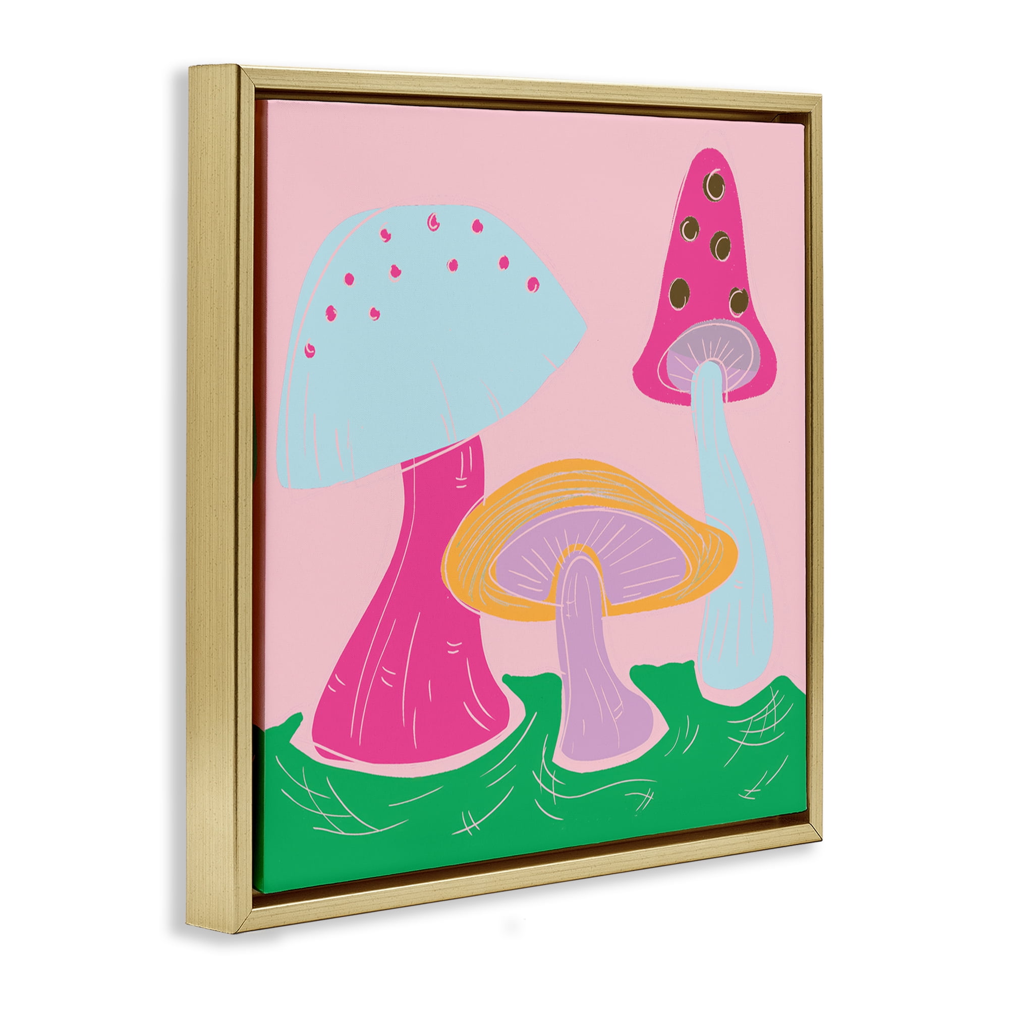 Stupell Industries Groovy Mushrooms Dancing Plants & Flowers Painting Gold Floater Framed Canvas Art Print Wall Art, 18 x 18